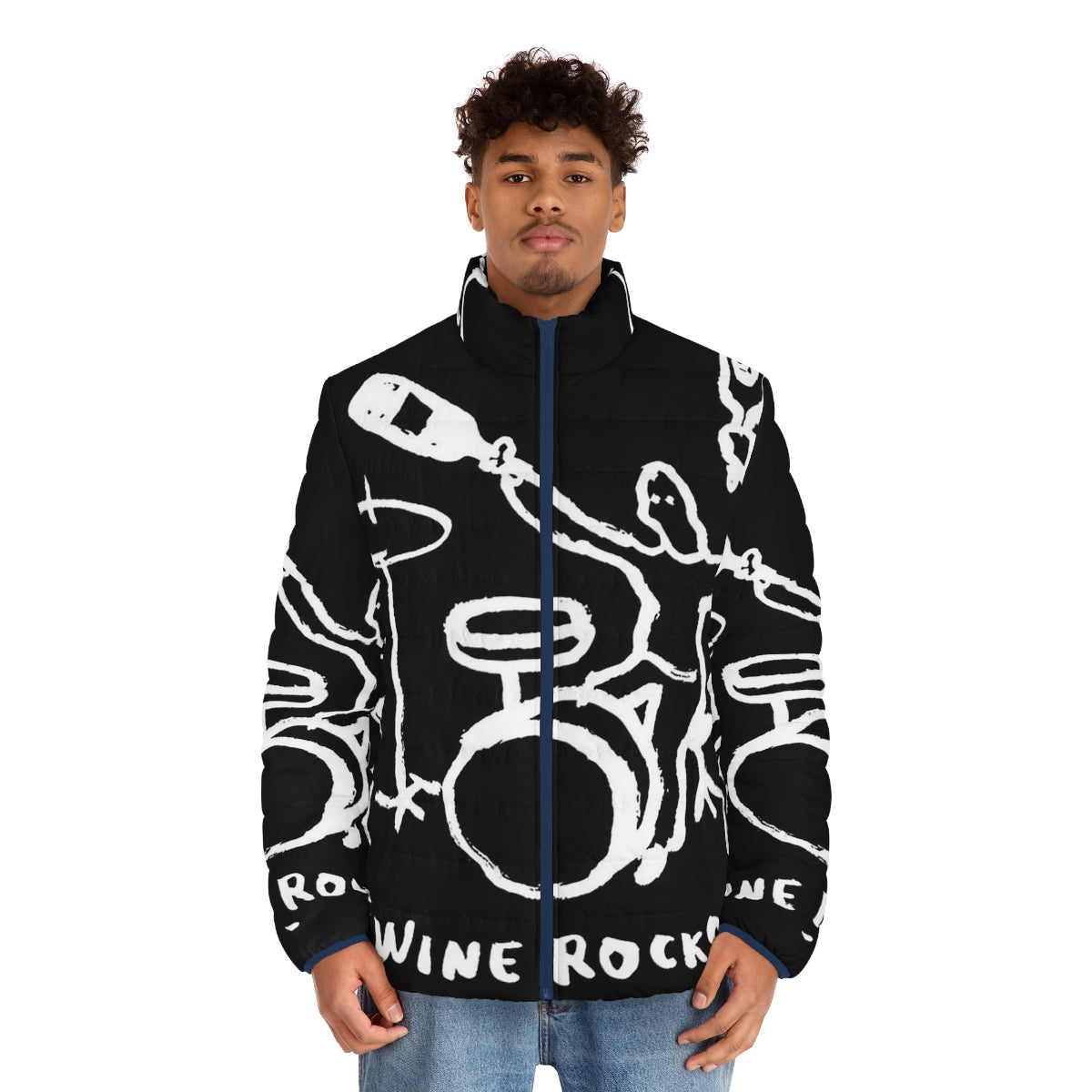 Rocks Wine Puffer Jacket featuring a music and wine inspired design - men front