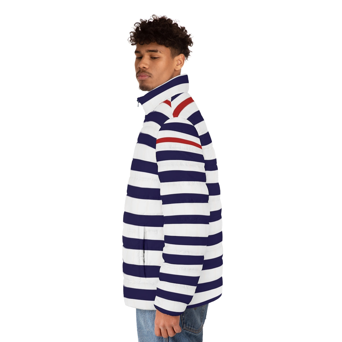 Minimalist Nautical III Blue and White Striped Puffer Jacket - men side left