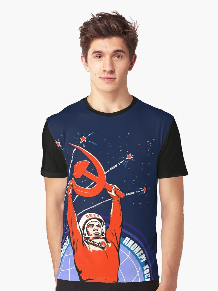 Vintage Soviet propaganda-style graphic featuring cosmonaut Yuri Gagarin and a spaceship - Men