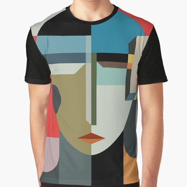 Modernist graphic t-shirt featuring an abstract, surreal woman's face with a timeless, mysterious design.