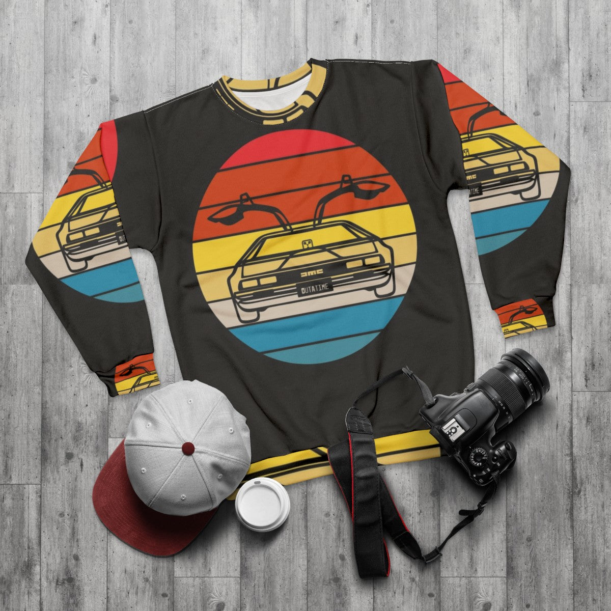 Delorean Sunset Sweatshirt - Back to the Future Inspired Fashion - flat lay