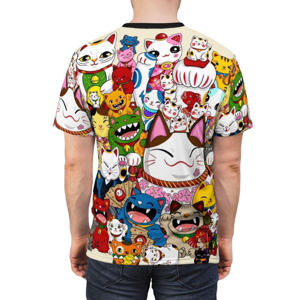 Vibrant t-shirt design featuring a collection of whimsical, colorful maneki neko (lucky cats) in a variety of poses and designs. - men back