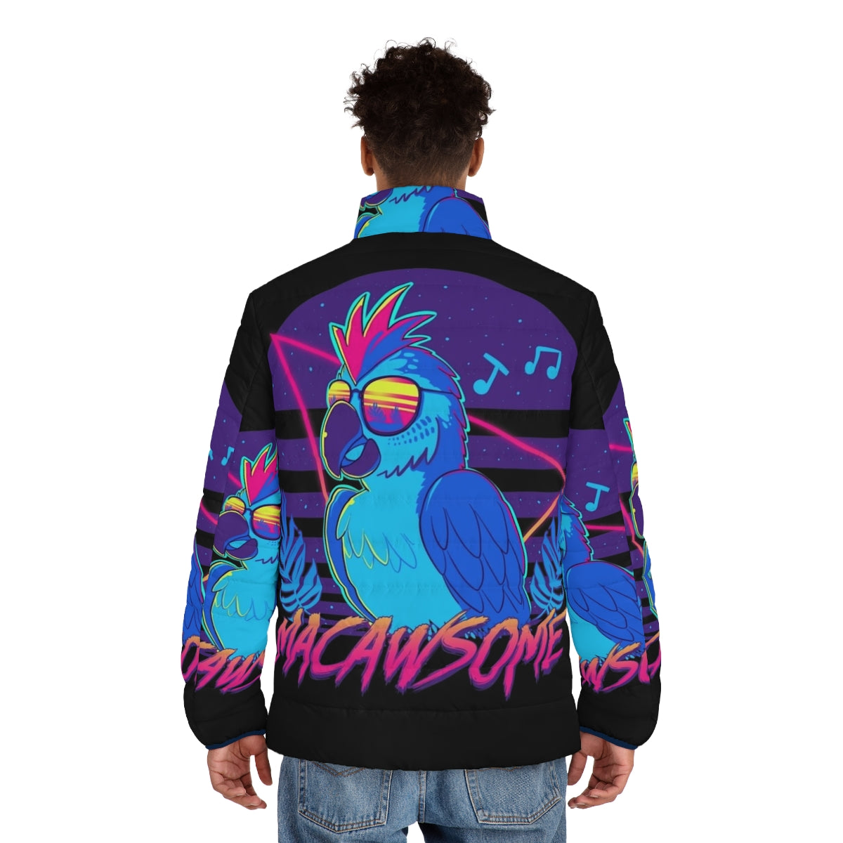 Macaw puffer jacket in a tropical, retro design - men back