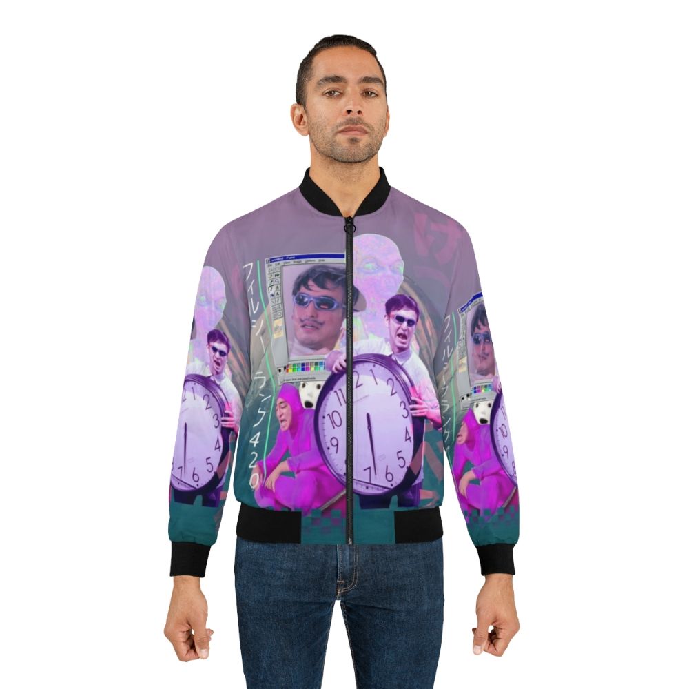 Vibrant vaporwave-style bomber jacket featuring Filthy Frank and the number 420 - Lifestyle