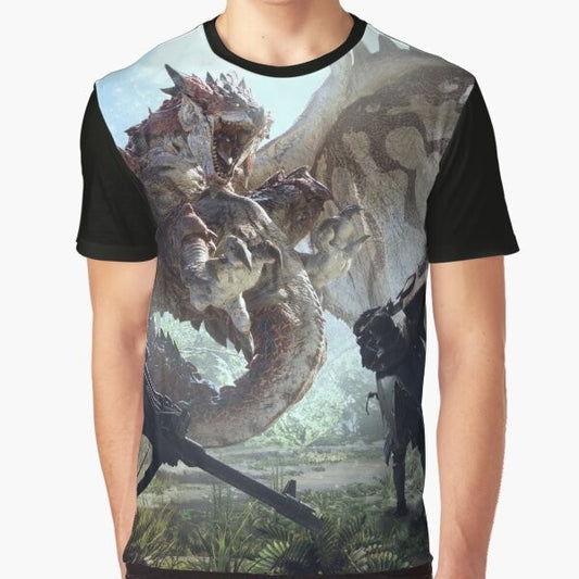 Monster Hunter World graphic t-shirt featuring a monster and the game's logo