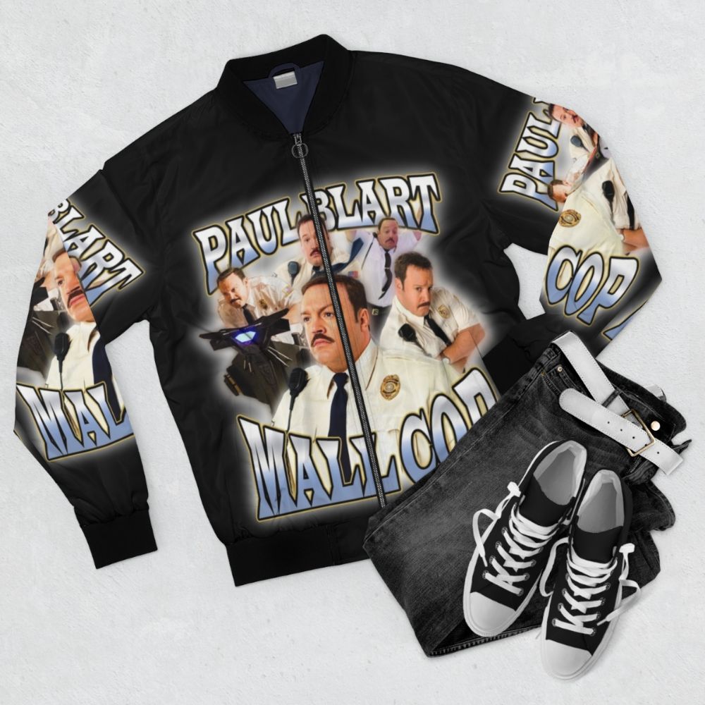 Paul Blart Mall Cop themed bomber jacket with a vintage and funny design - Flat lay