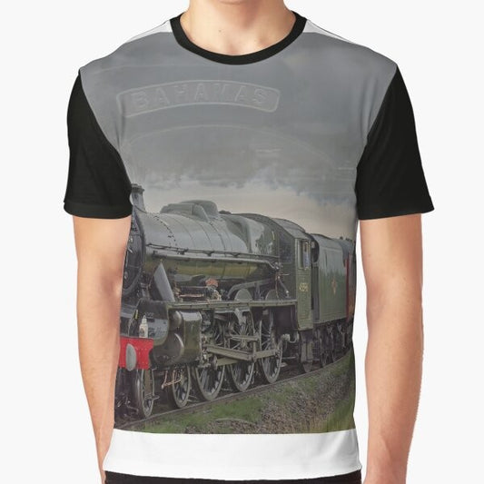 Vintage-inspired graphic tee featuring a steam train from the Bahamas railway