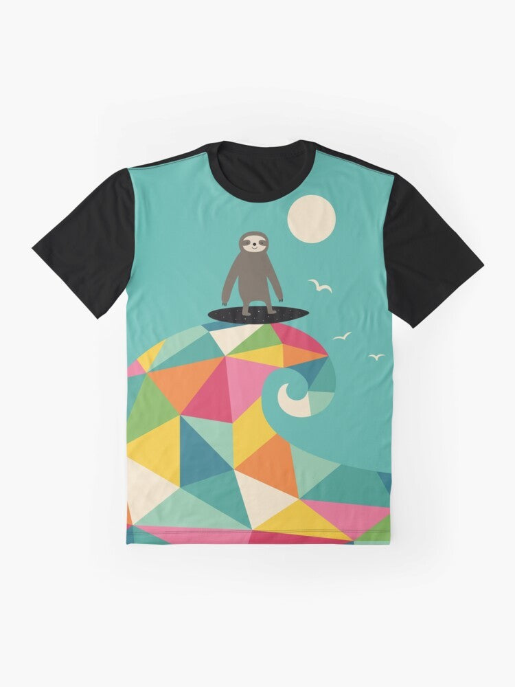 Surfer sloth with colorful geometric and rainbow designs on a graphic t-shirt - Flat lay