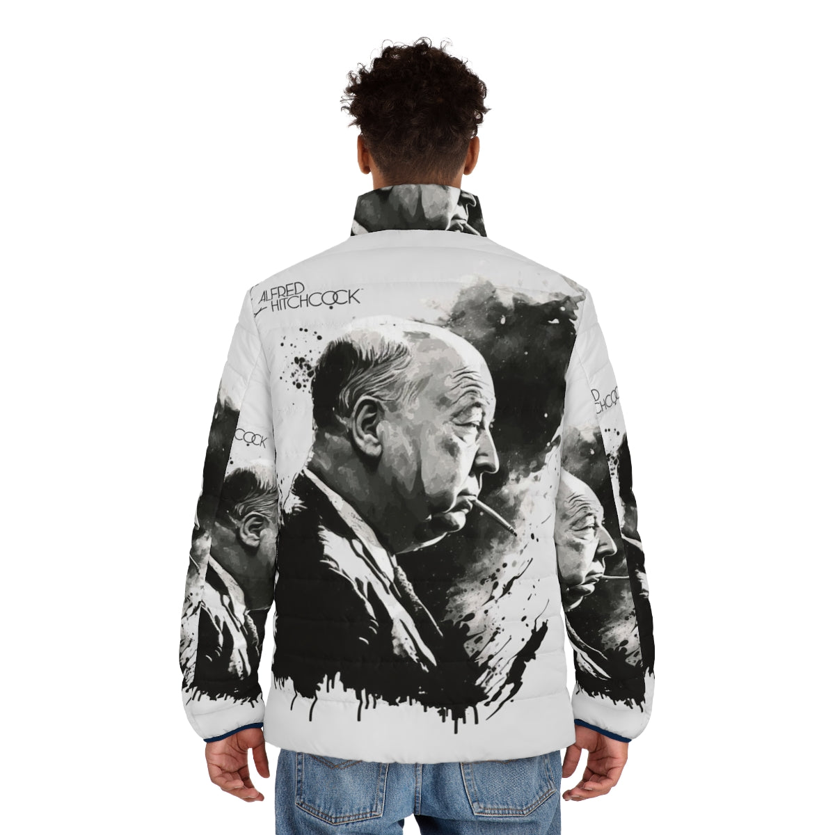 Model wearing black and white puffer jacket with Alfred Hitchcock drawing - men back