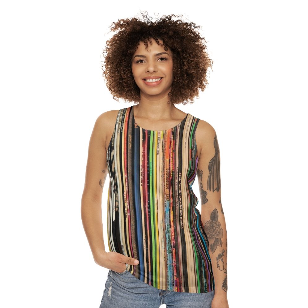 Unisex record collector tank top featuring vinyl records and turntable - women