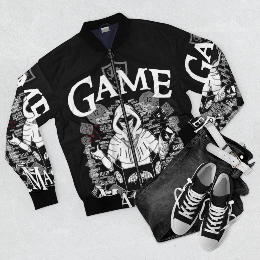 A white bomber jacket with a game master graphic design, perfect for tabletop roleplaying enthusiasts. - Flat lay