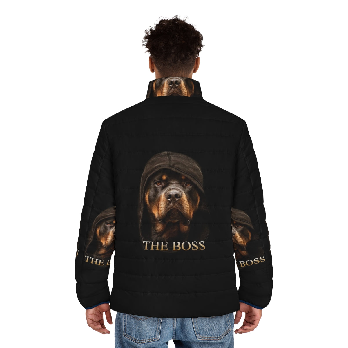 Rottweiler wearing a stylish puffer jacket by Zilly Co - men back