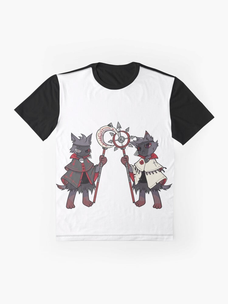 Cult of the Lamb game graphic t-shirt featuring cute and kawaii characters from the popular indie video game. - Flat lay