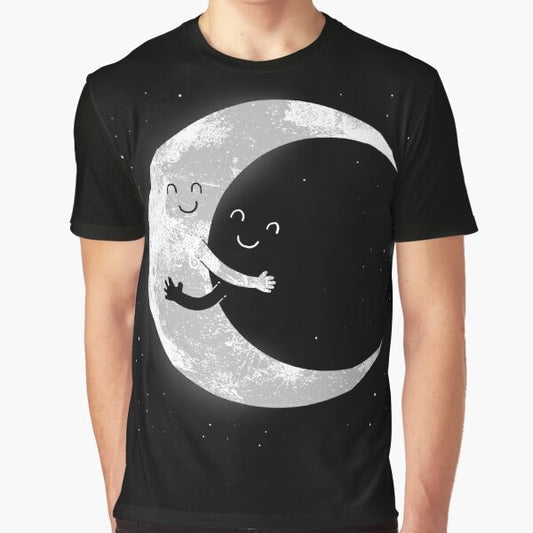 A black and white graphic t-shirt featuring a cute smiley moon design for space and astronomy enthusiasts.