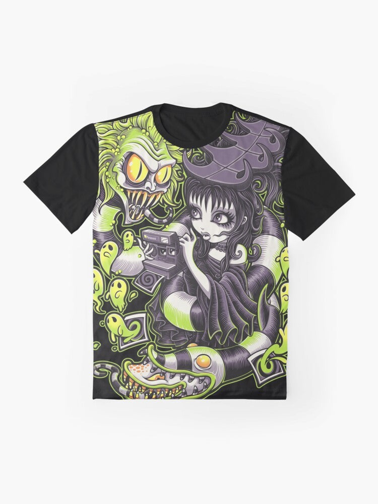 Beetlejuice-inspired graphic t-shirt with gothic horror elements including snake, zombie, and tattoo designs - Flat lay