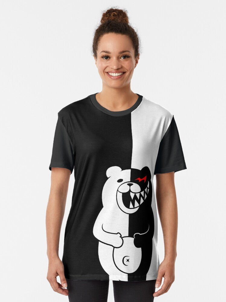 Danganronpa Monokuma Graphic T-Shirt featuring the iconic black and white bear character - Women