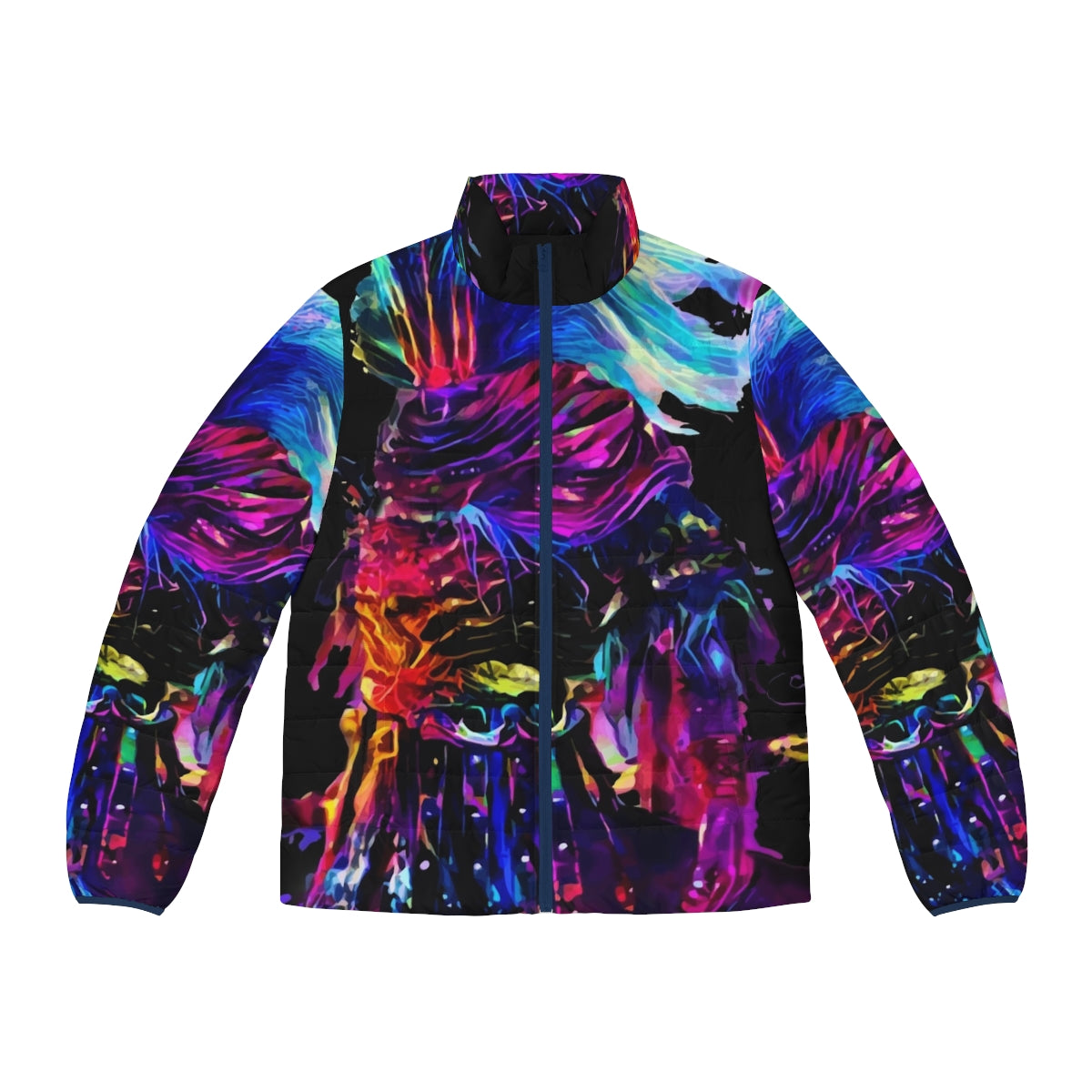 Nameless Synthwave King Puffer Jacket featuring a retro-futuristic, cyberpunk design.