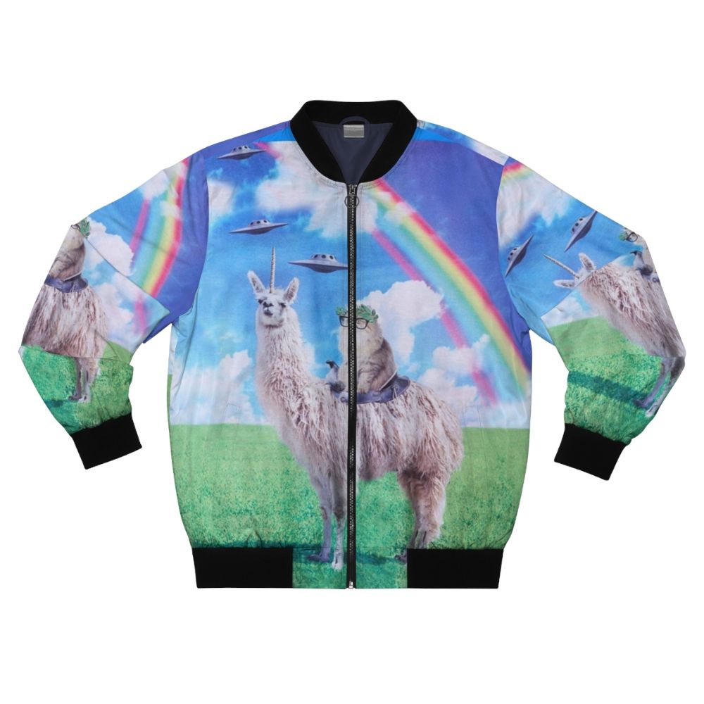 A vibrant bomber jacket featuring a playful design of a cat riding a llama unicorn through a cosmic space scene with rainbows and UFOs.