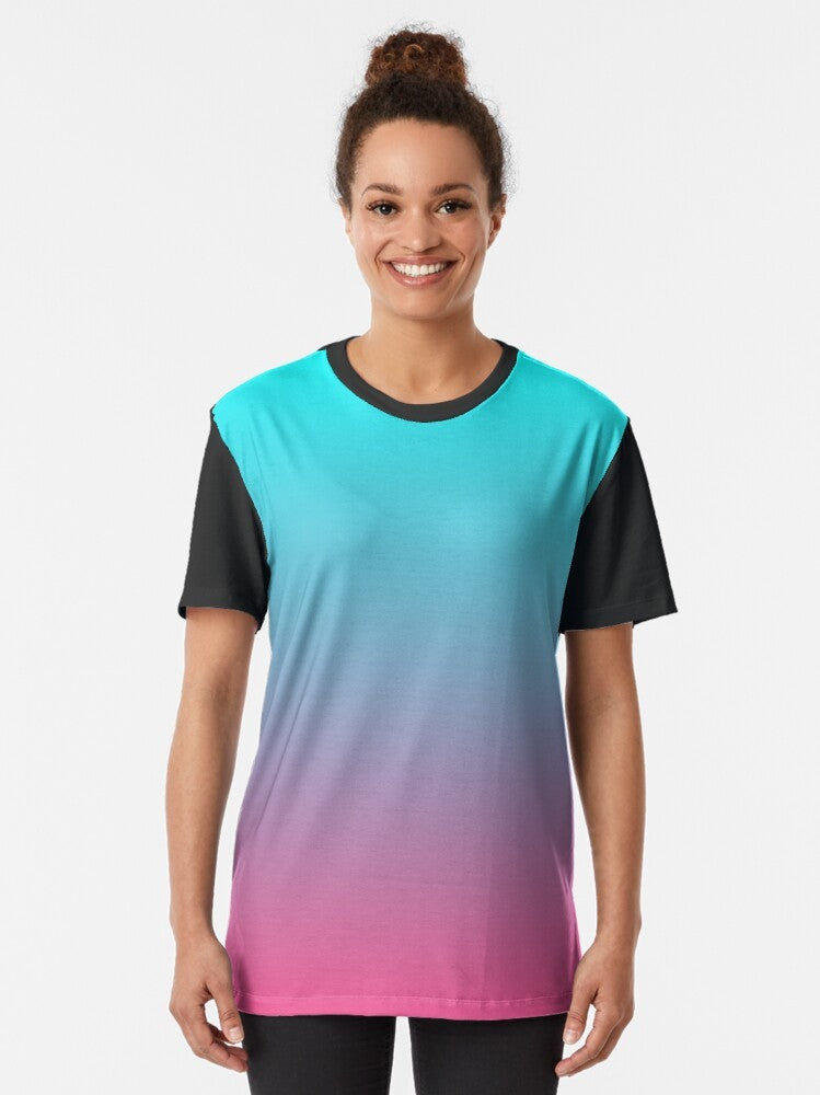 Gradient pink and aqua graphic t-shirt with a pastel aesthetic design - Women