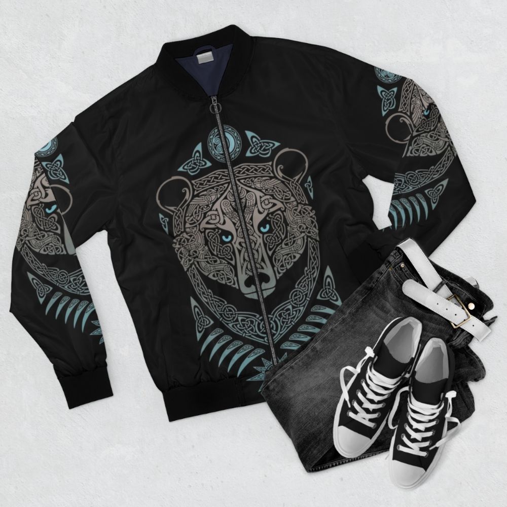 Forest Lord Scandinavian Mythology Bomber Jacket featuring Nordic symbols, bear, and night sky imagery - Flat lay