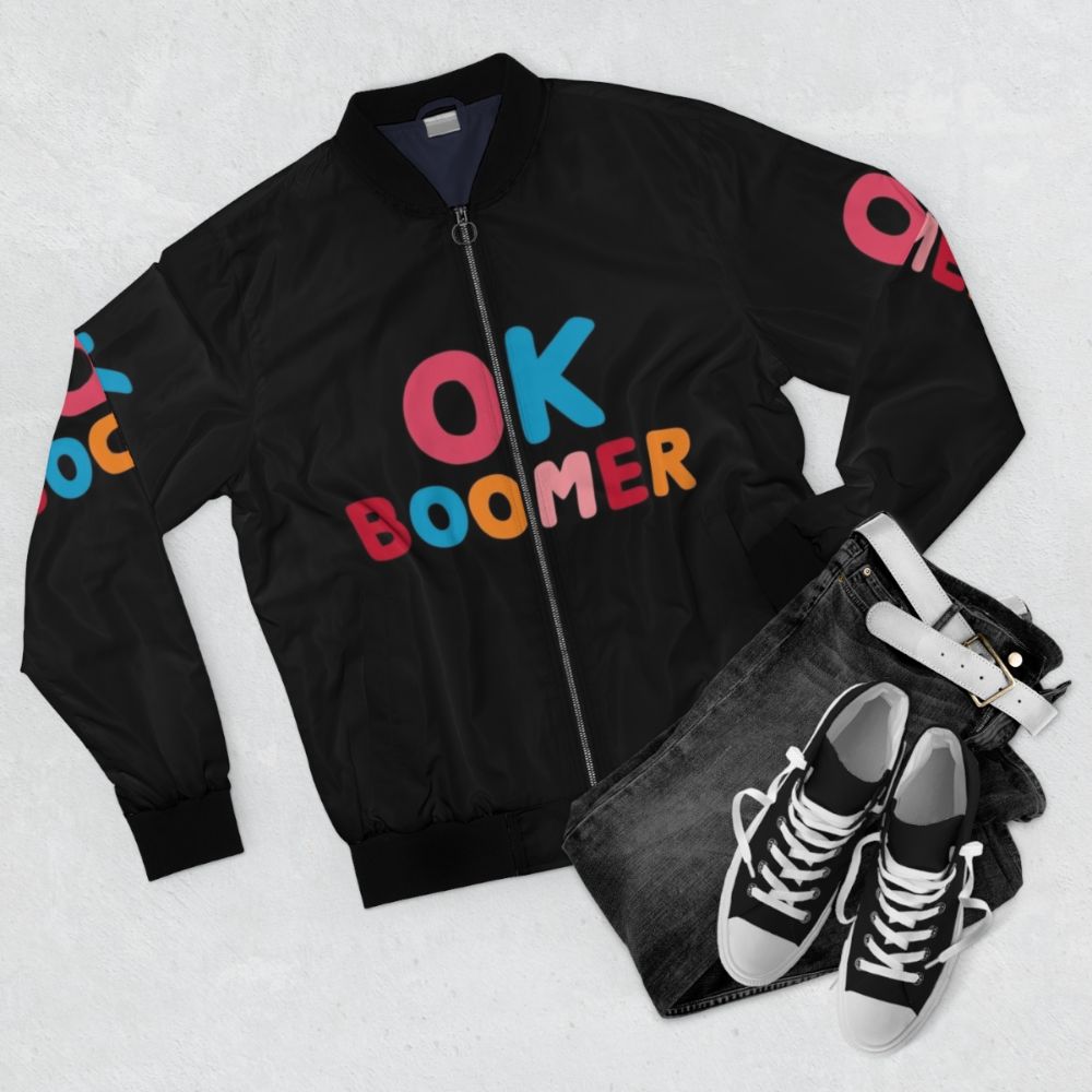 "Ok Boomer" Bomber Jacket with Colorful Typographic Design - Flat lay