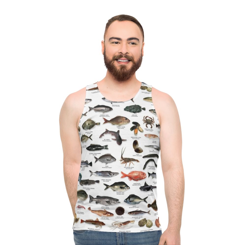 Unisex tank top featuring New Zealand fish species design - men