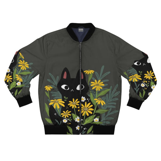 Black cat with flowers bomber jacket for cat lovers