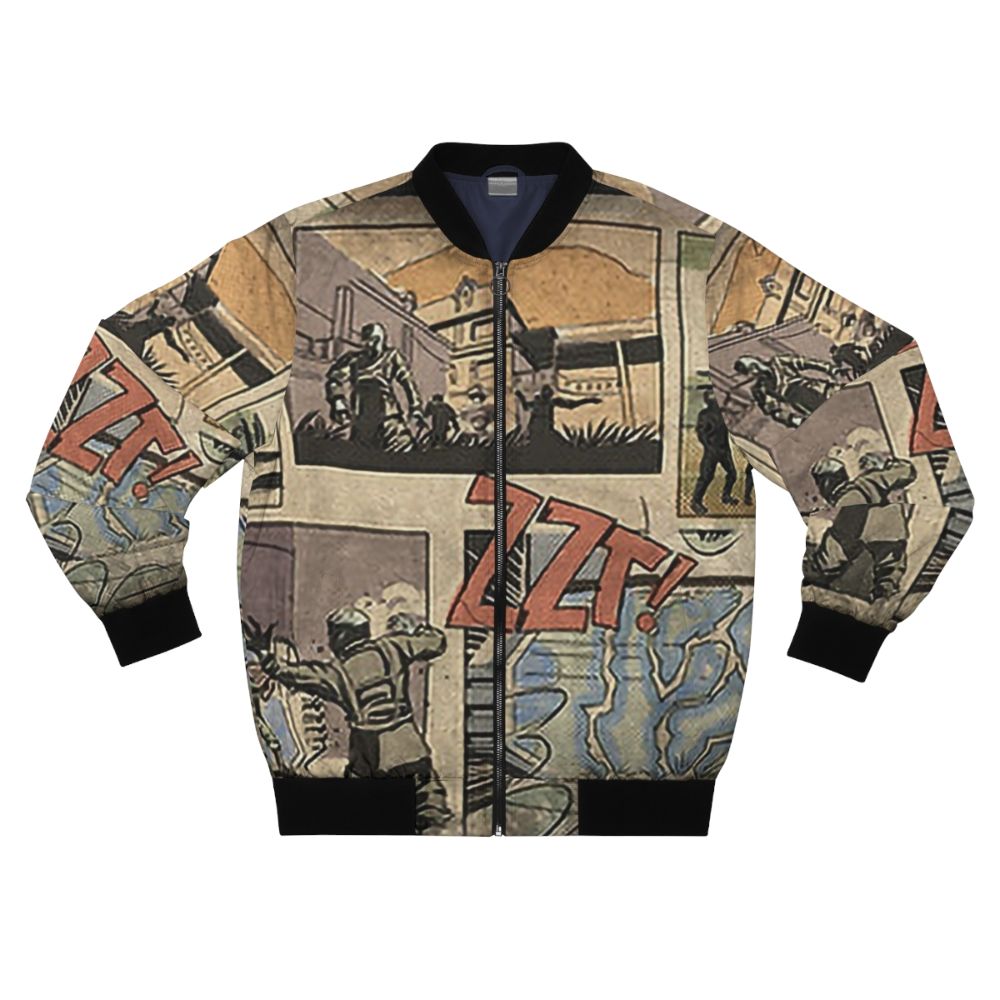 A bomber jacket featuring a comic-style Zombies loading screen from the Call of Duty Black Ops video game series.