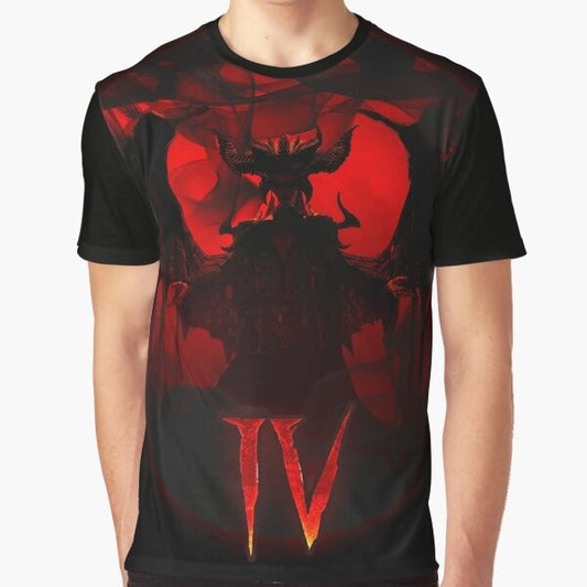 Diablo 4 Lilith graphic t-shirt featuring the demonic Lilith from the Diablo franchise.