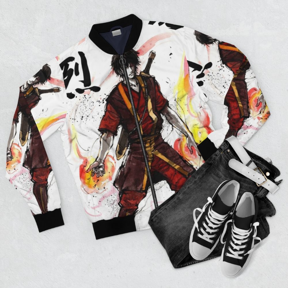 Bomber jacket featuring an illustration of Zuko from the Avatar series, created with sumi ink and watercolor. - Flat lay