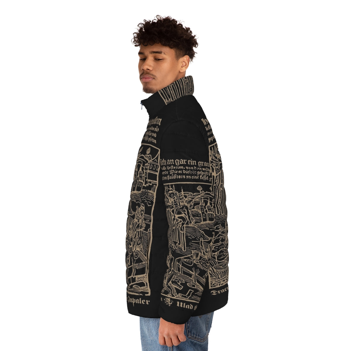 Dracula-inspired puffer jacket with gothic and medieval design elements - men side left