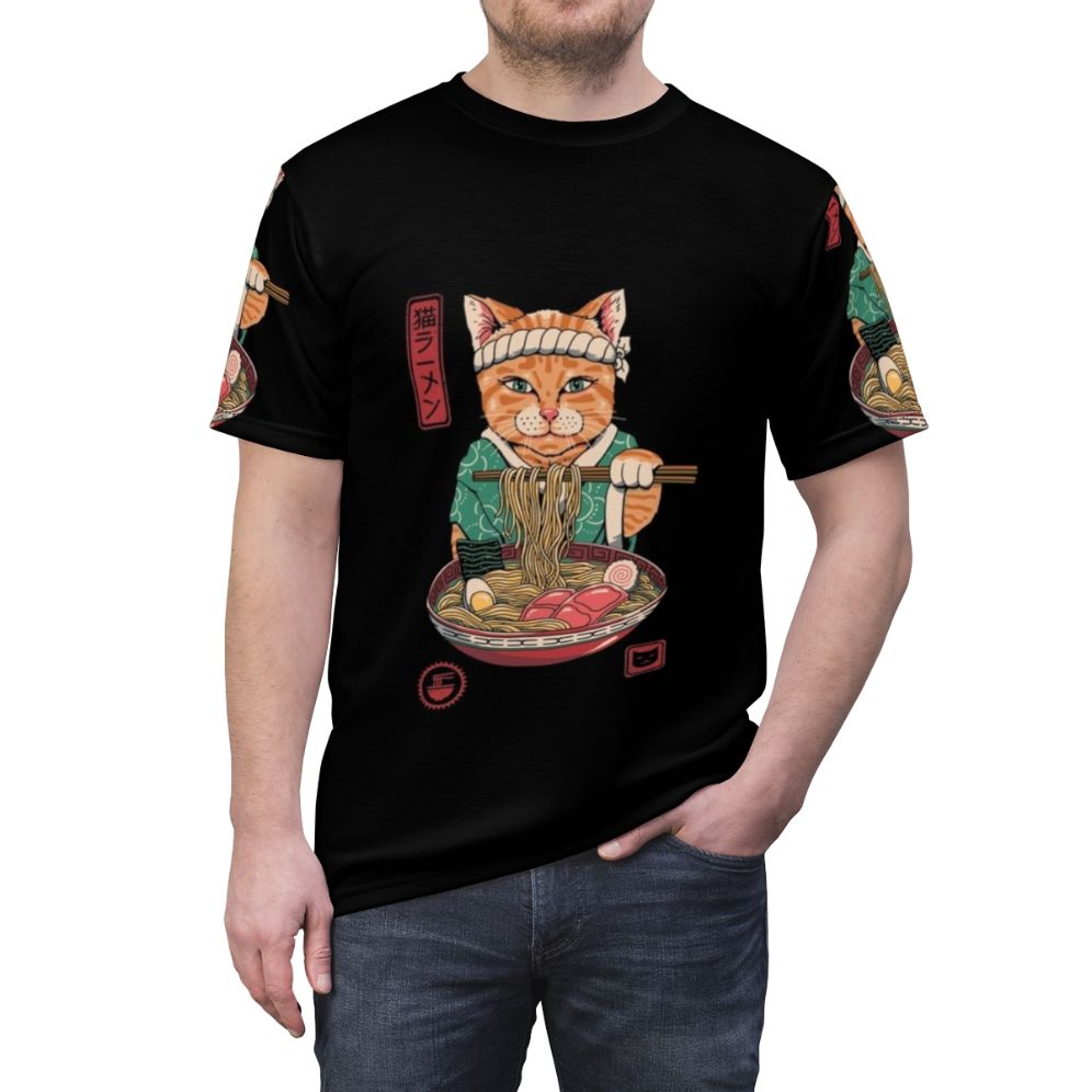 Illustration of a cat enjoying a bowl of ramen noodles - men front