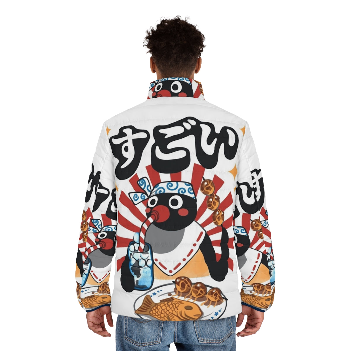 Matsuri Pengin Puffer Jacket featuring a cute penguin design in a classic anime and Japanese festival inspired style - men back