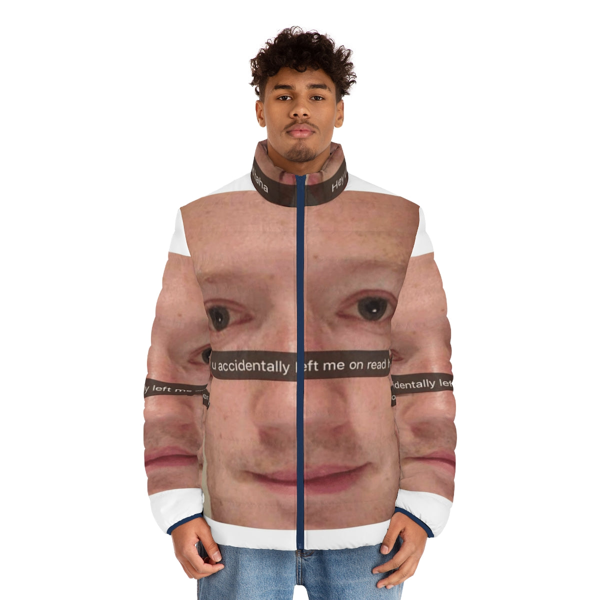 Mark Zuckerberg meme puffer jacket featuring a popular social media-inspired design - men front