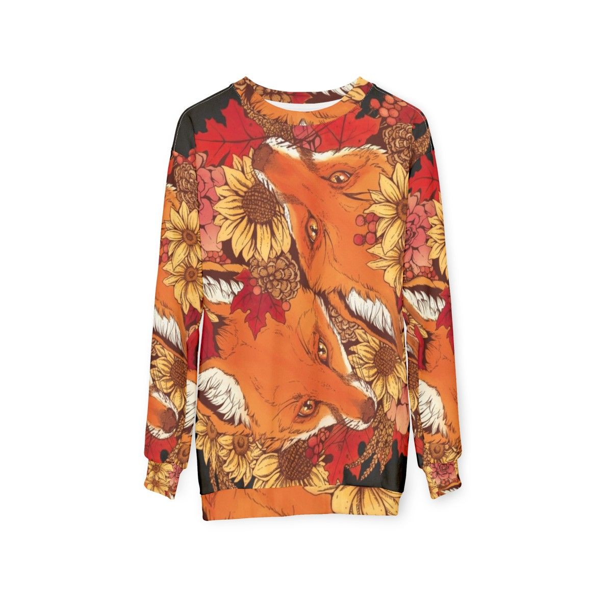 Autumn Fox Bloom Sweatshirt with foxes, sunflowers, and fall leaves - hanging