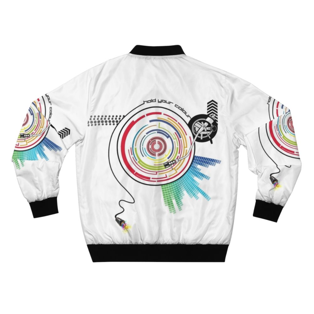 Pendulum Vinyl Music Mashup Bomber Jacket with graphic design featuring vinyl record, needle, and arrow - Back