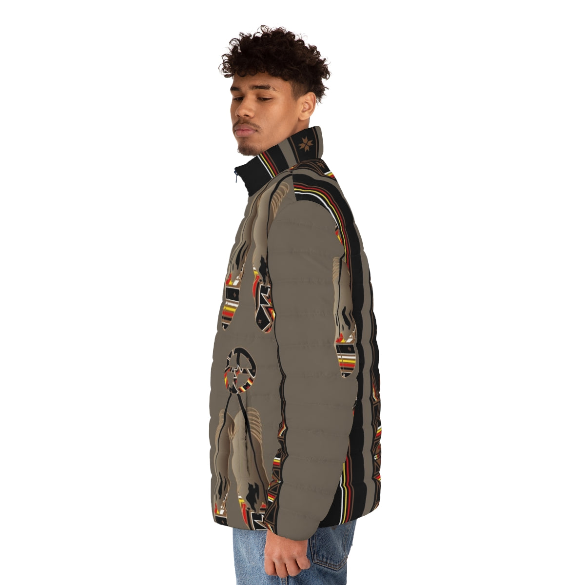 Model wearing a colorful puffer jacket featuring native american inspired designs and patterns - men side left