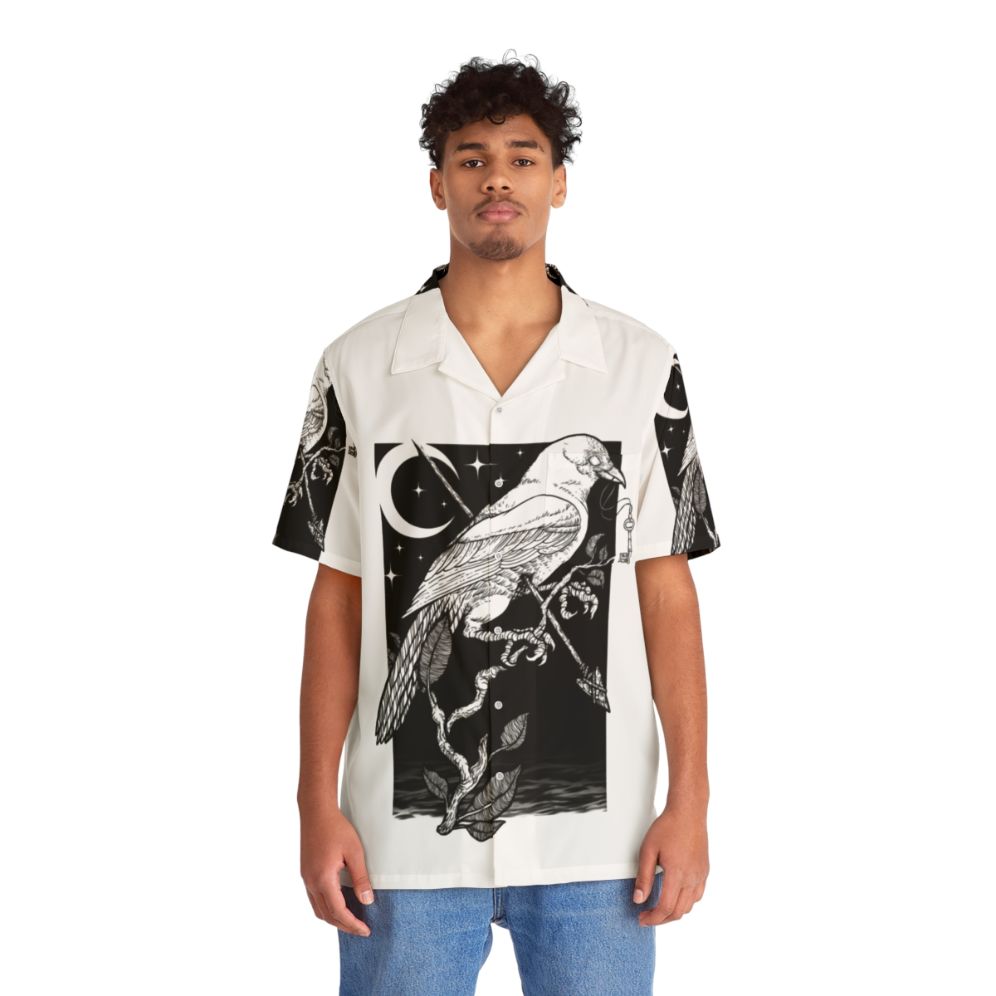 Gothic Night Crow Hawaiian Shirt with Dark Moon Occult Design - People Front