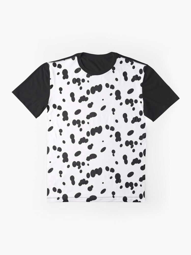 A t-shirt featuring a graphic design of a dalmatian dog's spotted fur pattern. - Flat lay