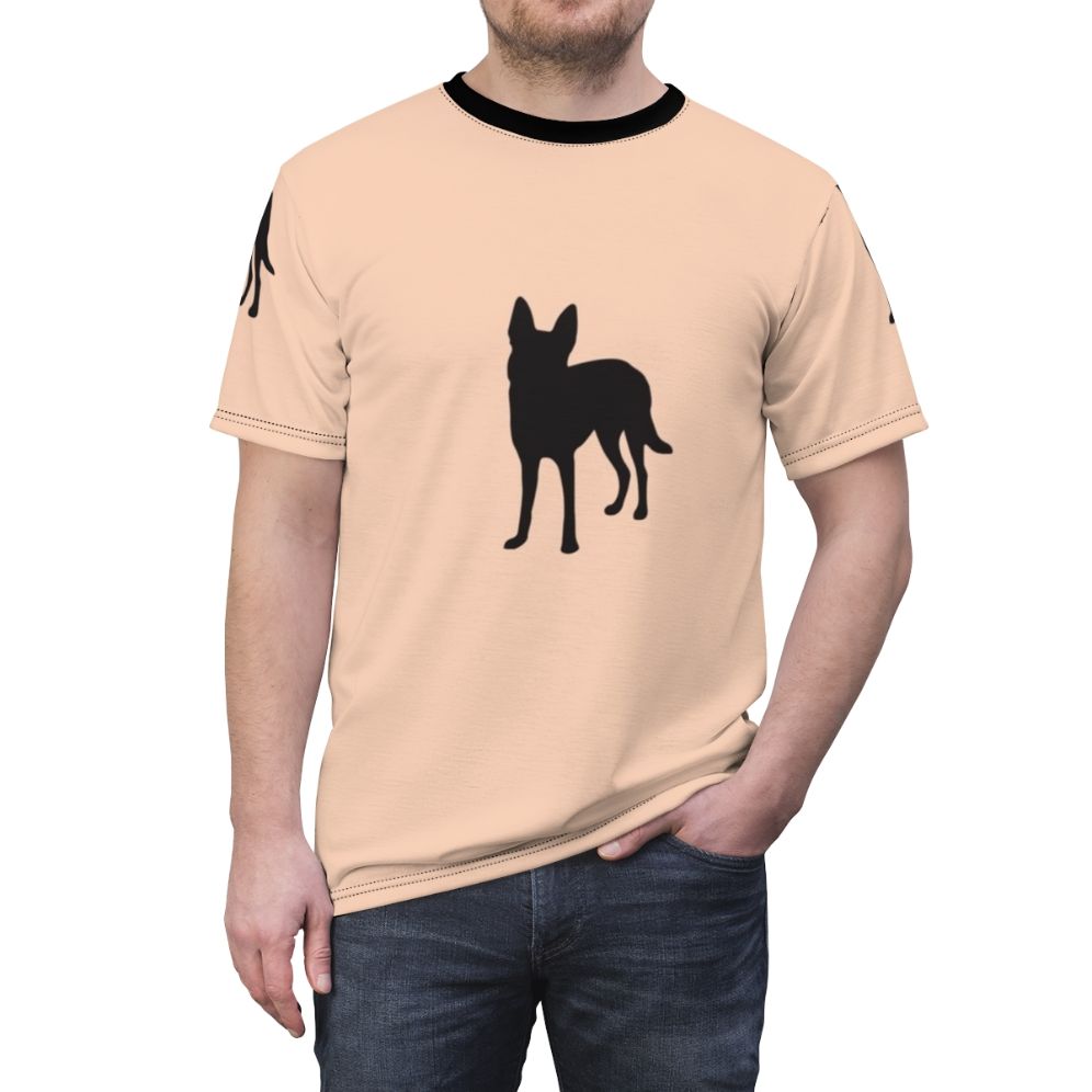 Photograph of a person wearing a t-shirt featuring the carolina dog breed and American flag design - men front