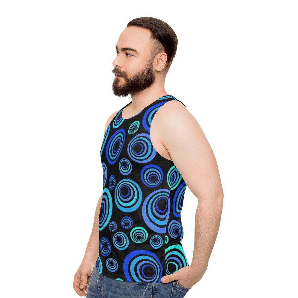 Retro blue unisex tank top with pop art pattern design - men side