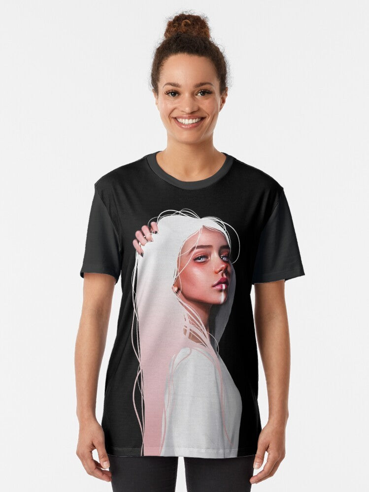 Colorful graphic t-shirt with a modern design, featuring a stylish model - Women