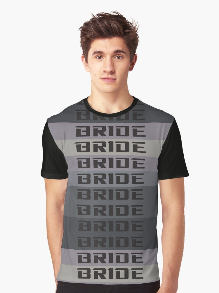 Bride JDM Material Graphic T-Shirt with Nissan, Miata, and Supra Designs for Car Enthusiasts - Men