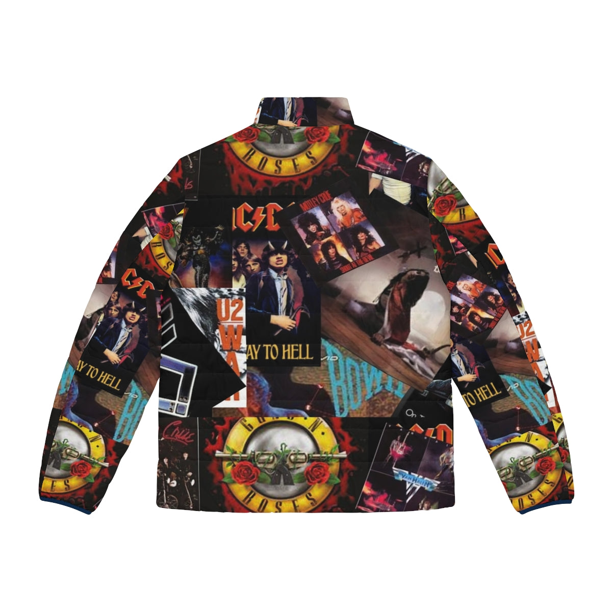 Colorful collage puffer jacket featuring 1980s rock band logos and album covers - Back