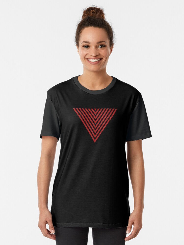 Control video game graphic t-shirt featuring the Federal Bureau of Control logo, hedron, and game elements - Women