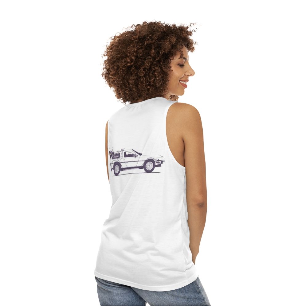 Delorean unisex tank top with retro movie design - women back