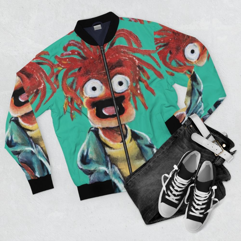 Pepe the King Prawn Muppets fan art bomber jacket design - Flat lay