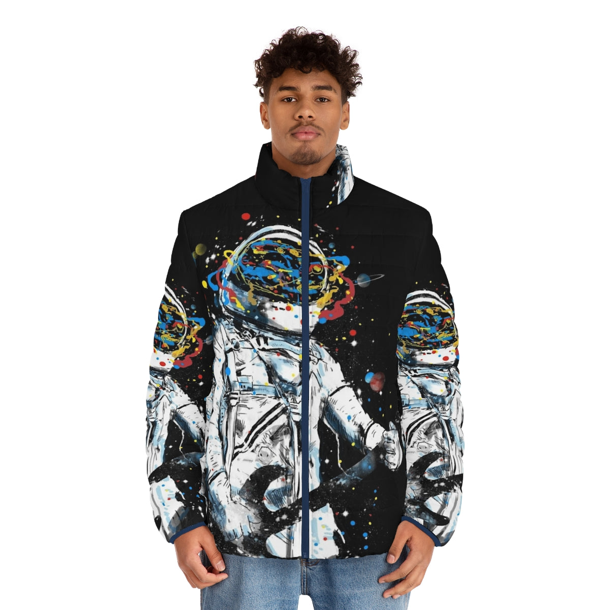 Space guitar puffer jacket with astronaut design - men front