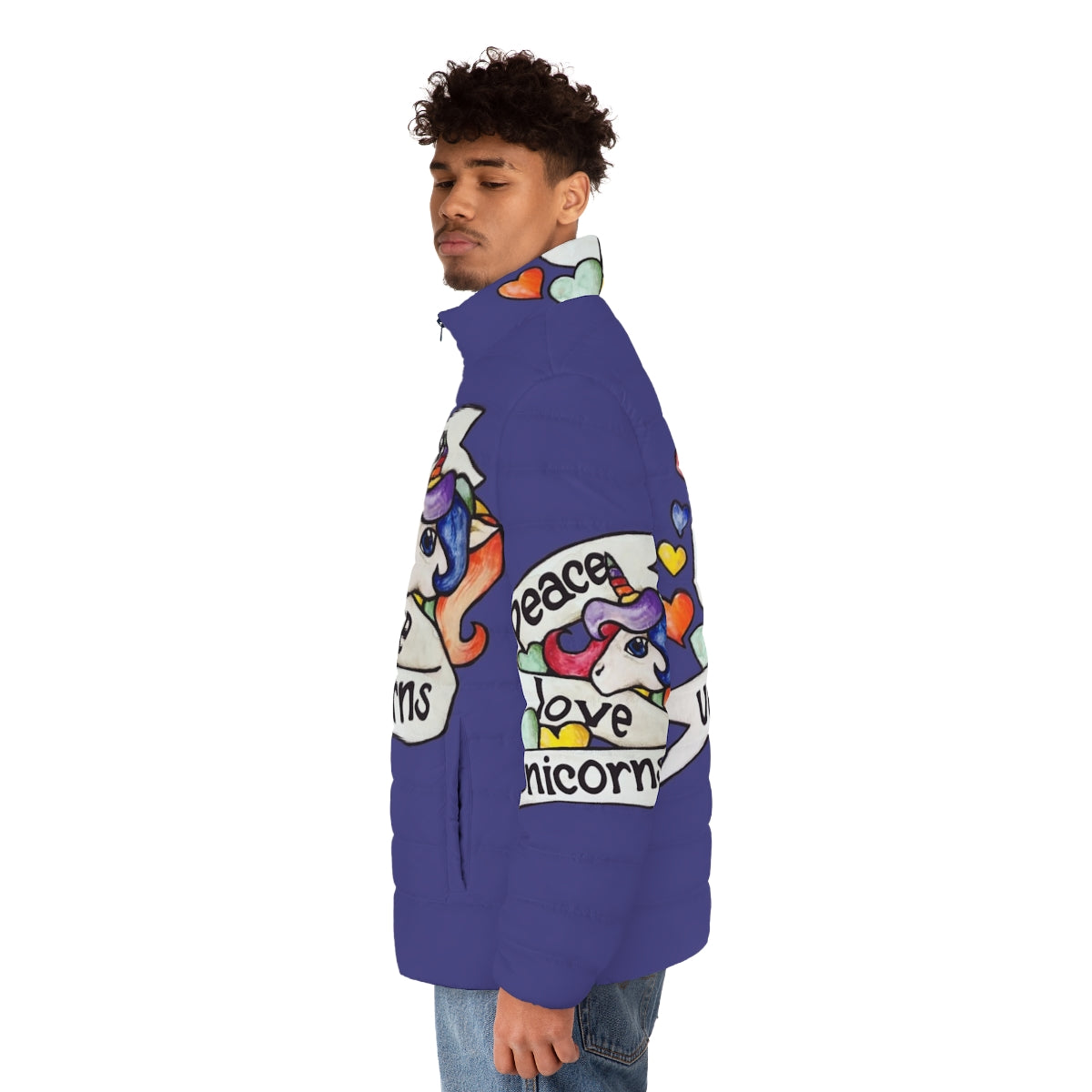 Retro unicorn puffer jacket in a vibrant rainbow design - men side left