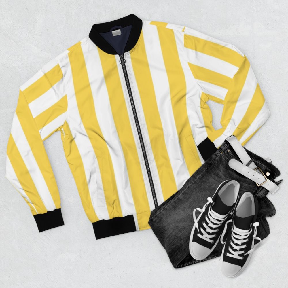 Yellow and white vertical stripe bomber jacket - Flat lay